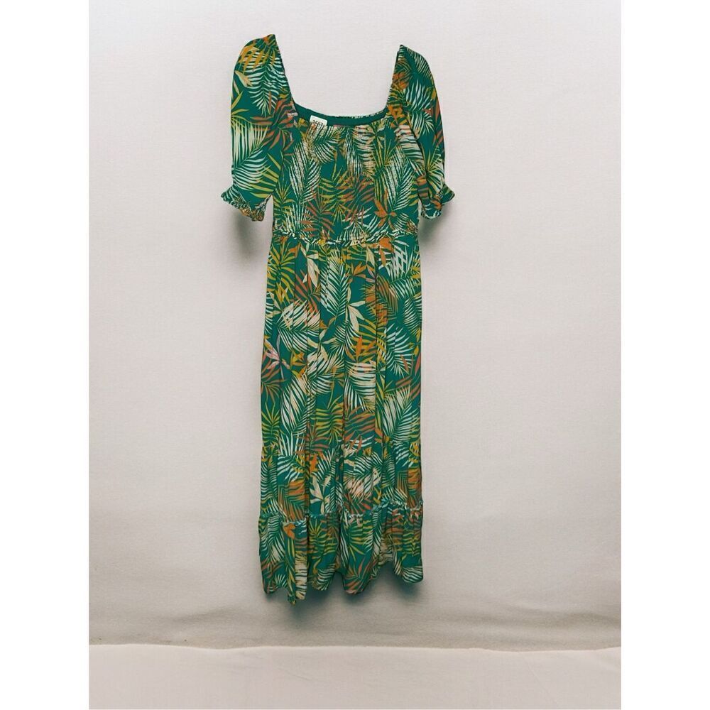 Betsey Johnson XL Maxi Dress Square Neck Puff Sleeves Tropical Pepper Green - Picture 3 of 9